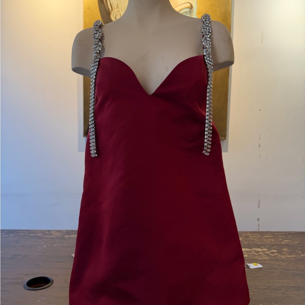 AREA NYC Red Satin Crystal Embellished Strap Mini Dress [S] Fringe Detail